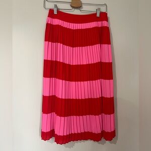 J. Crew Factory Pleated Midi Skirt in Stripes, Red & Pink, Size 2